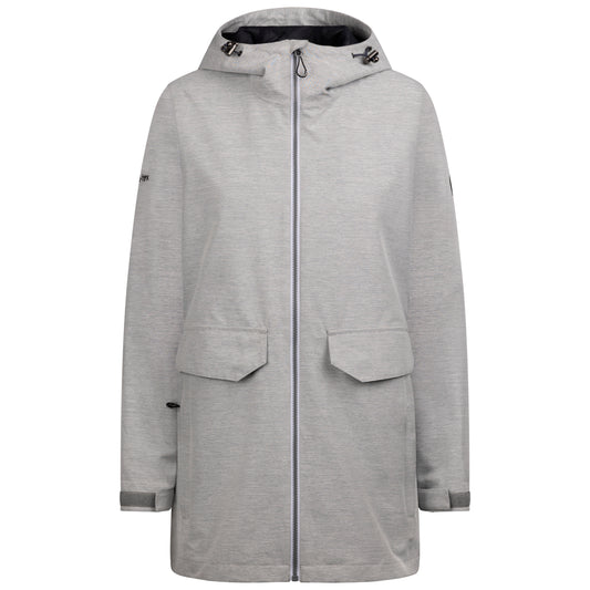 A women's gray unpadded waterproof lined jacket with a hood, featuring multiple pockets and an adjustable waist.