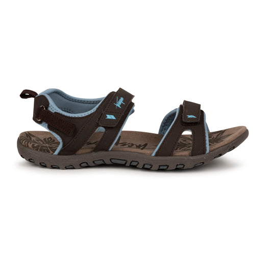 Brown sandal with blue interior on a white background