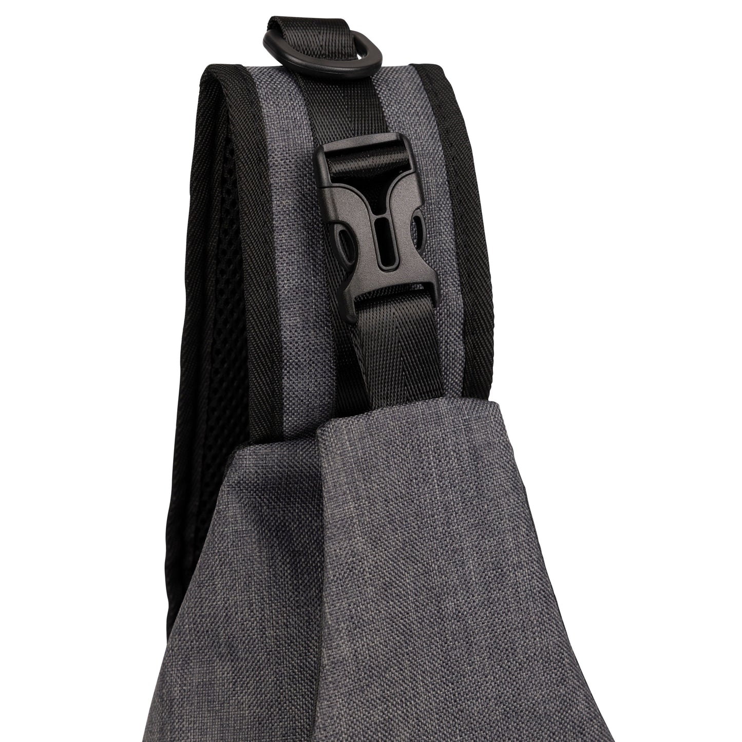 Gray bag with black strap and buckle on a white background