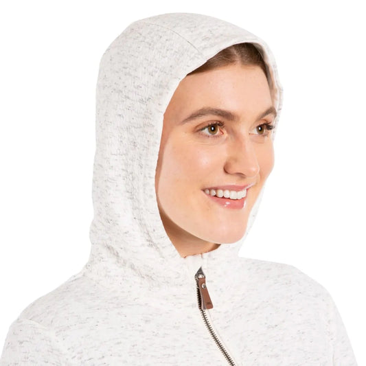 Close-up of the Winnie fleece hoodie with the hood up, showing the zip pull