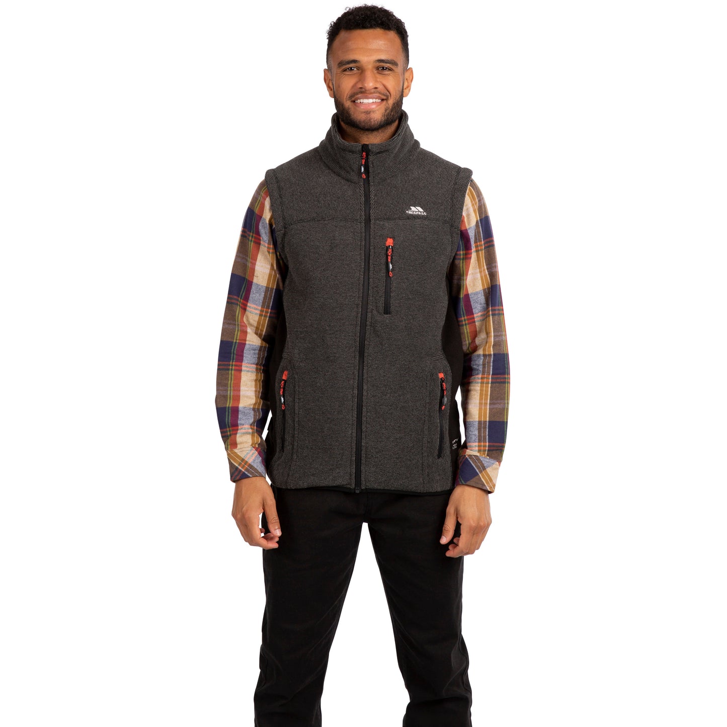 Man wearing Grey and Black Heavyweight Trespass fleece Gilet