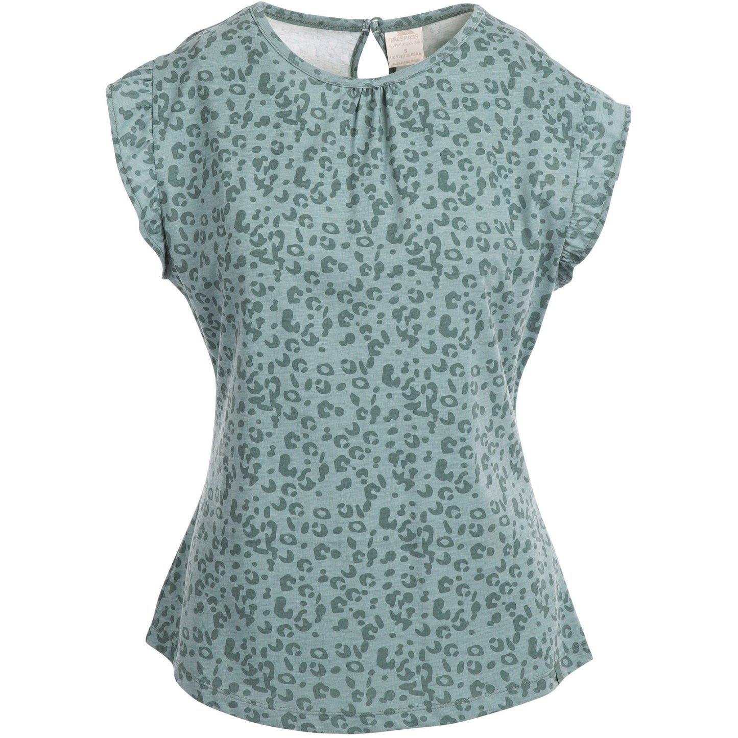 Tulissa Women's Short Sleeve Ruffle top in Teal Animal Print