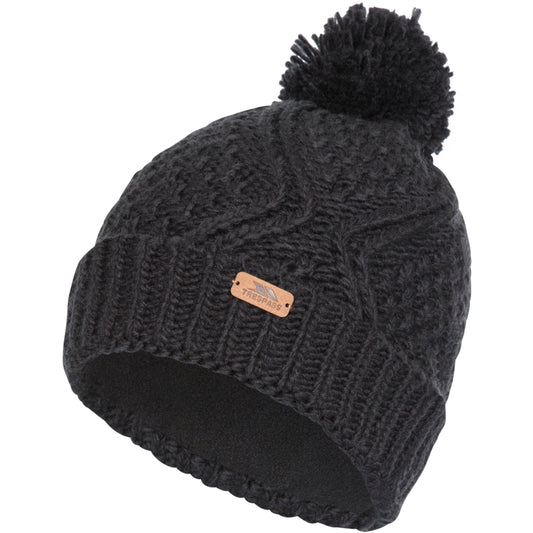 Zyra Women's Knitted Bobble Hat in Black with Fleece Lining