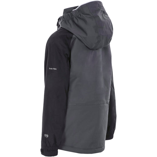 Back of Boys dark grey and black ski jacket freebored from trespass
