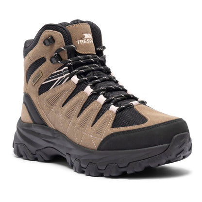 Tan and black hiking boot on a white background
