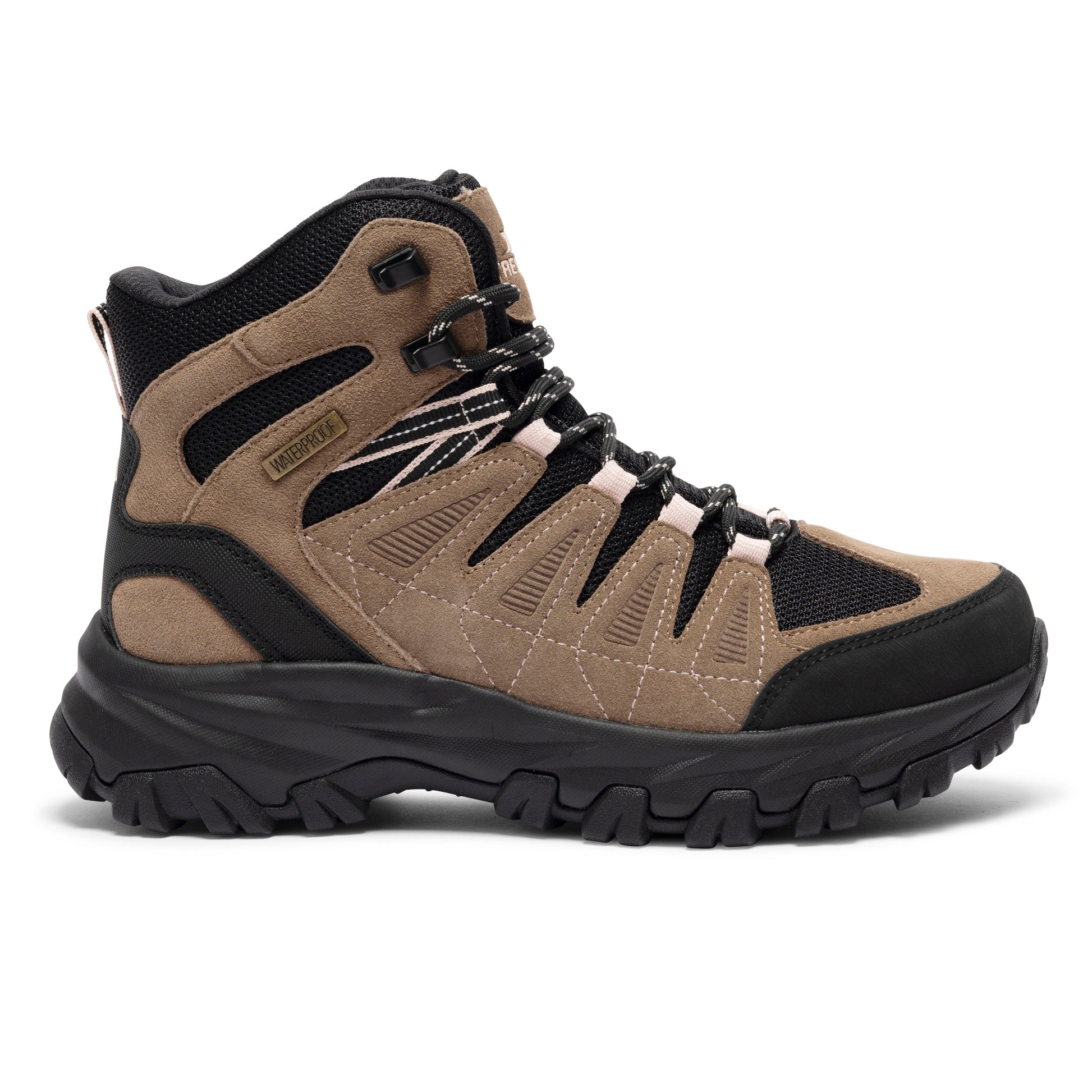 Tan and black hiking boot on a white background