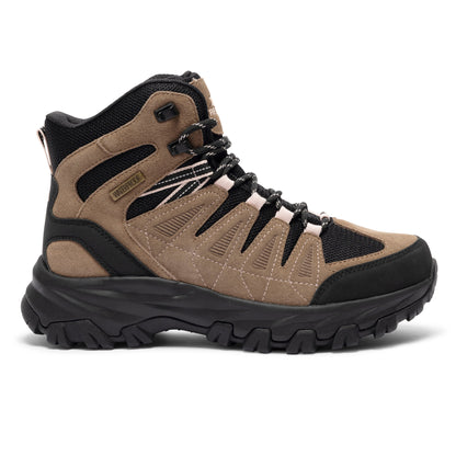 Tan and black hiking boot on a white background
