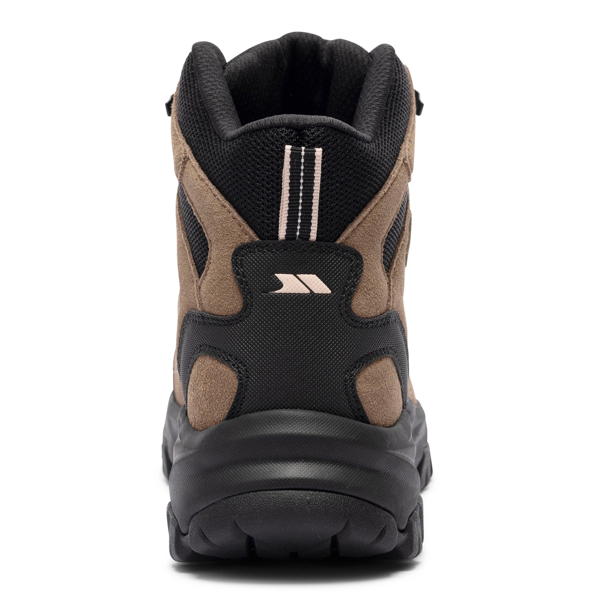 Black and brown hiking boot on a white background
