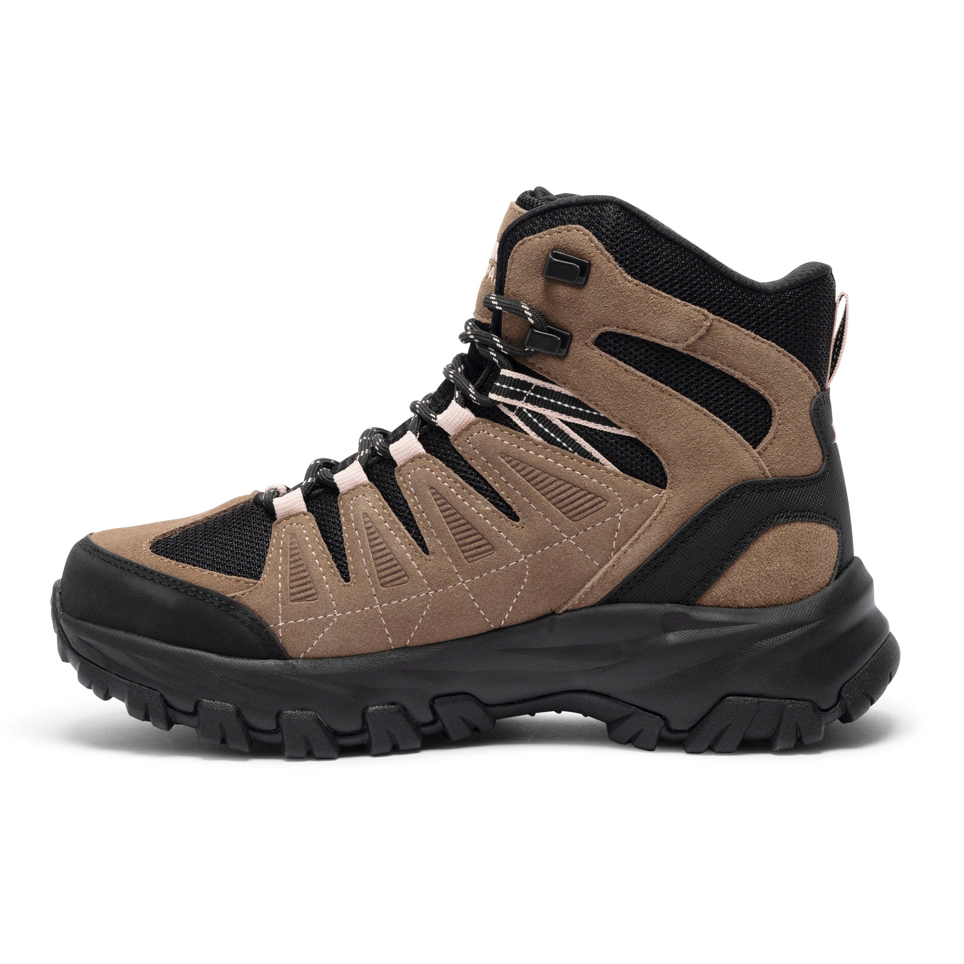 Brown hiking boot with black accents on a white background