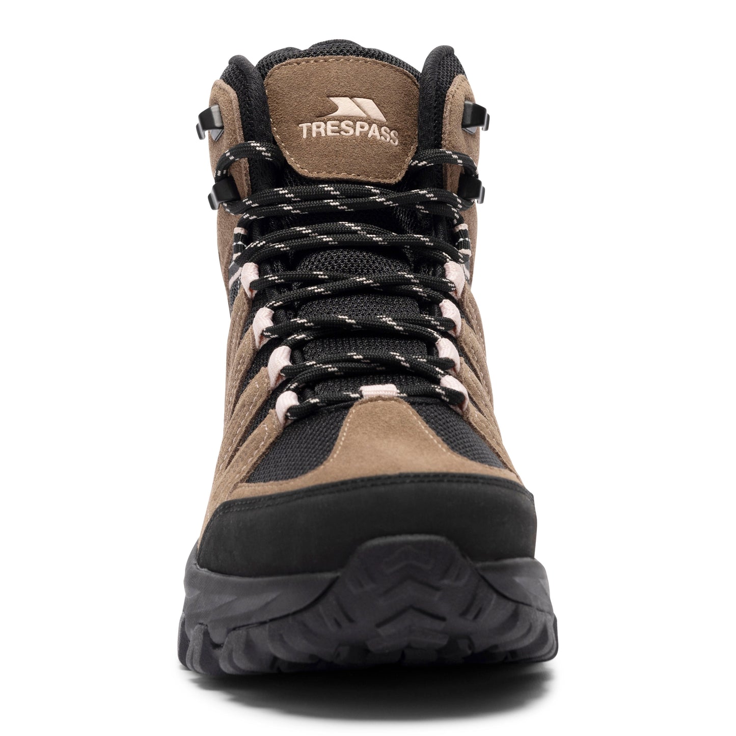 Brown hiking boot with black sole and Trespass logo on a white background