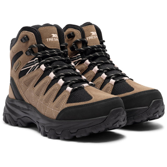 Pair of brown and black hiking boots on a white background