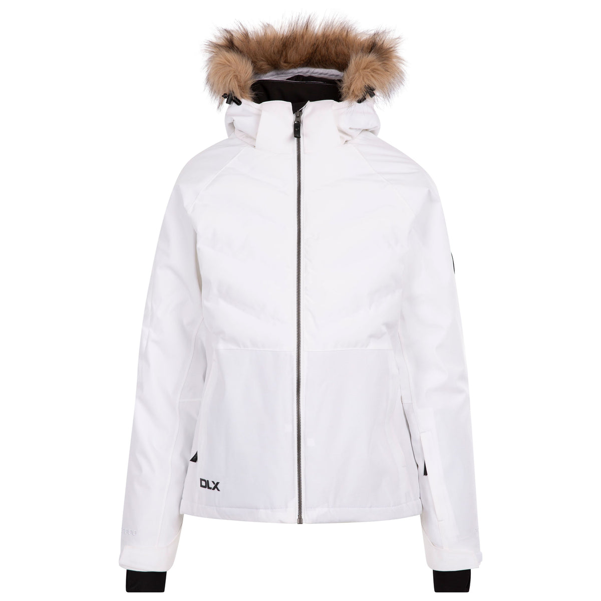 Gaynor DLX Women's Padded Ski Jacket in White, front view with fur-trimmed hood