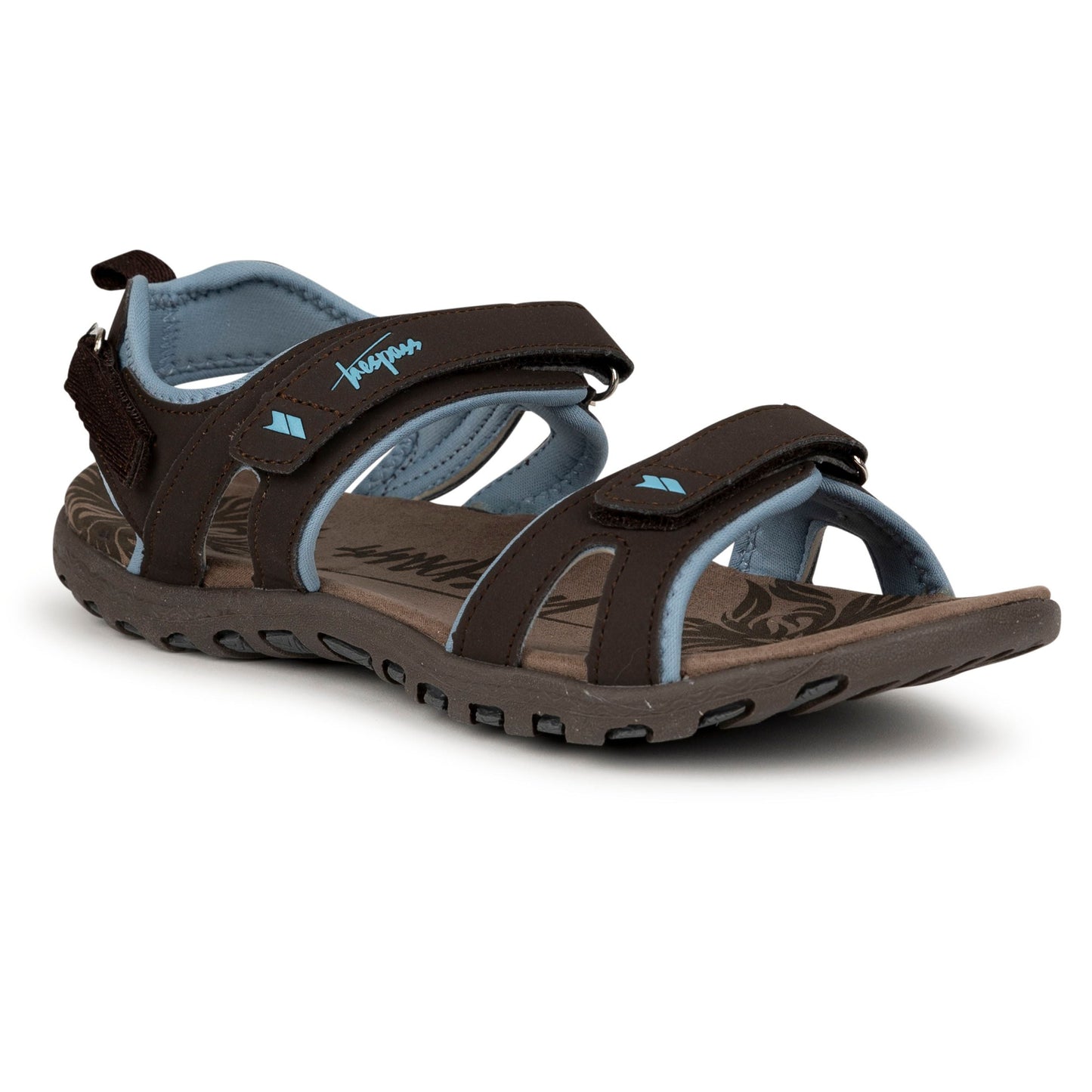 Brown sandal with blue lining on a white background