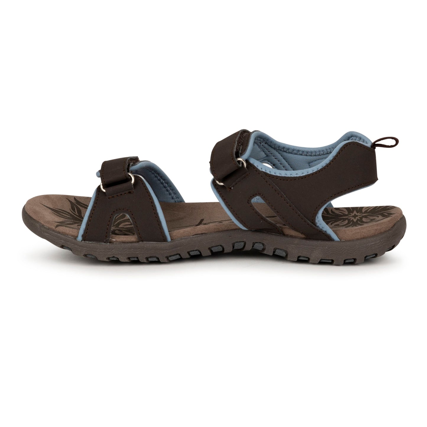 Brown sandal with blue interior on a white background