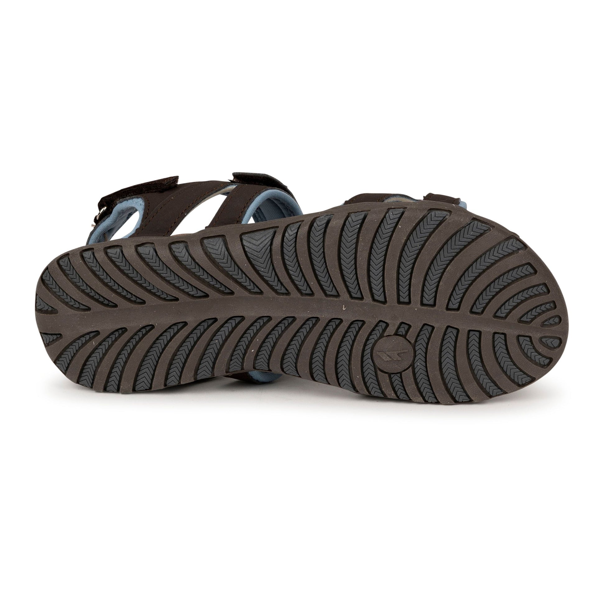 Brown sandal with textured sole on a white background