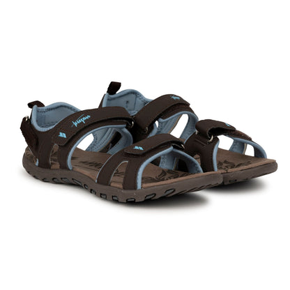 Brown sandals with blue accents on a white background