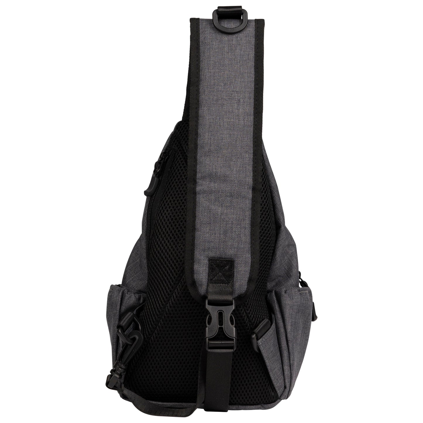 Gray sling bag with black straps on a white background