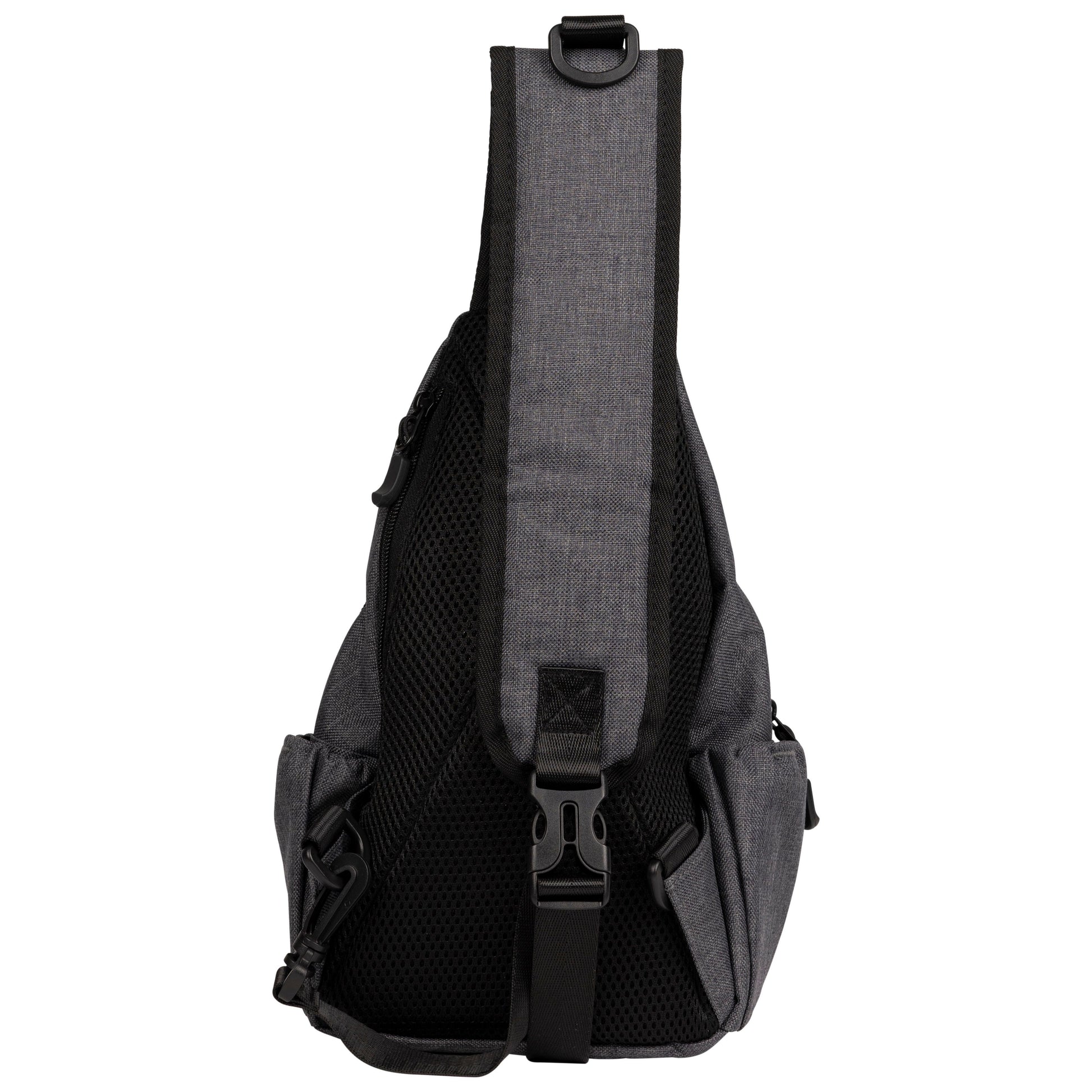 Gray sling bag with black straps on a white background