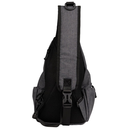 Gray sling bag with black straps on a white background
