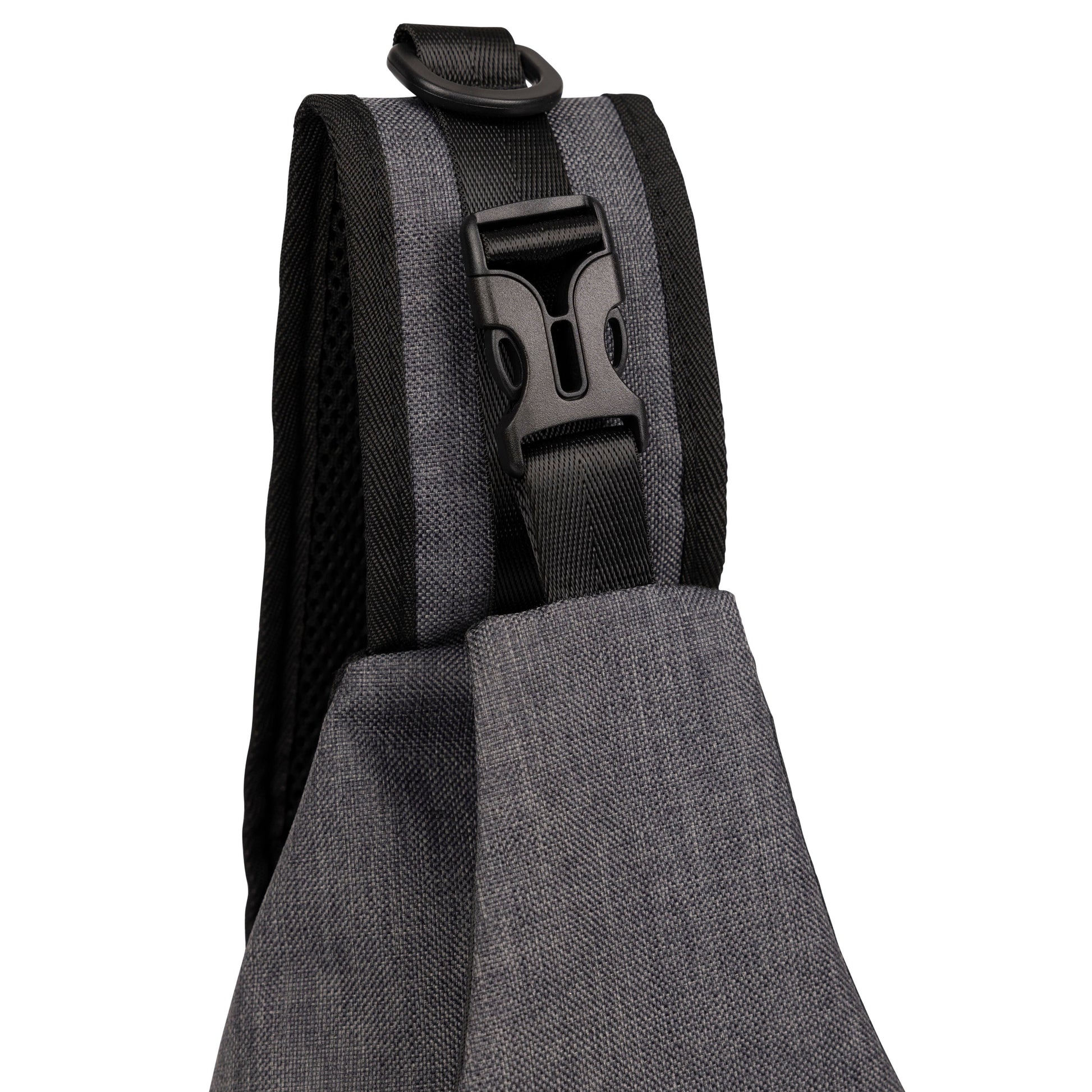 Gray bag with black strap and buckle on a white background