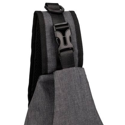 Gray bag with black strap and buckle on a white background