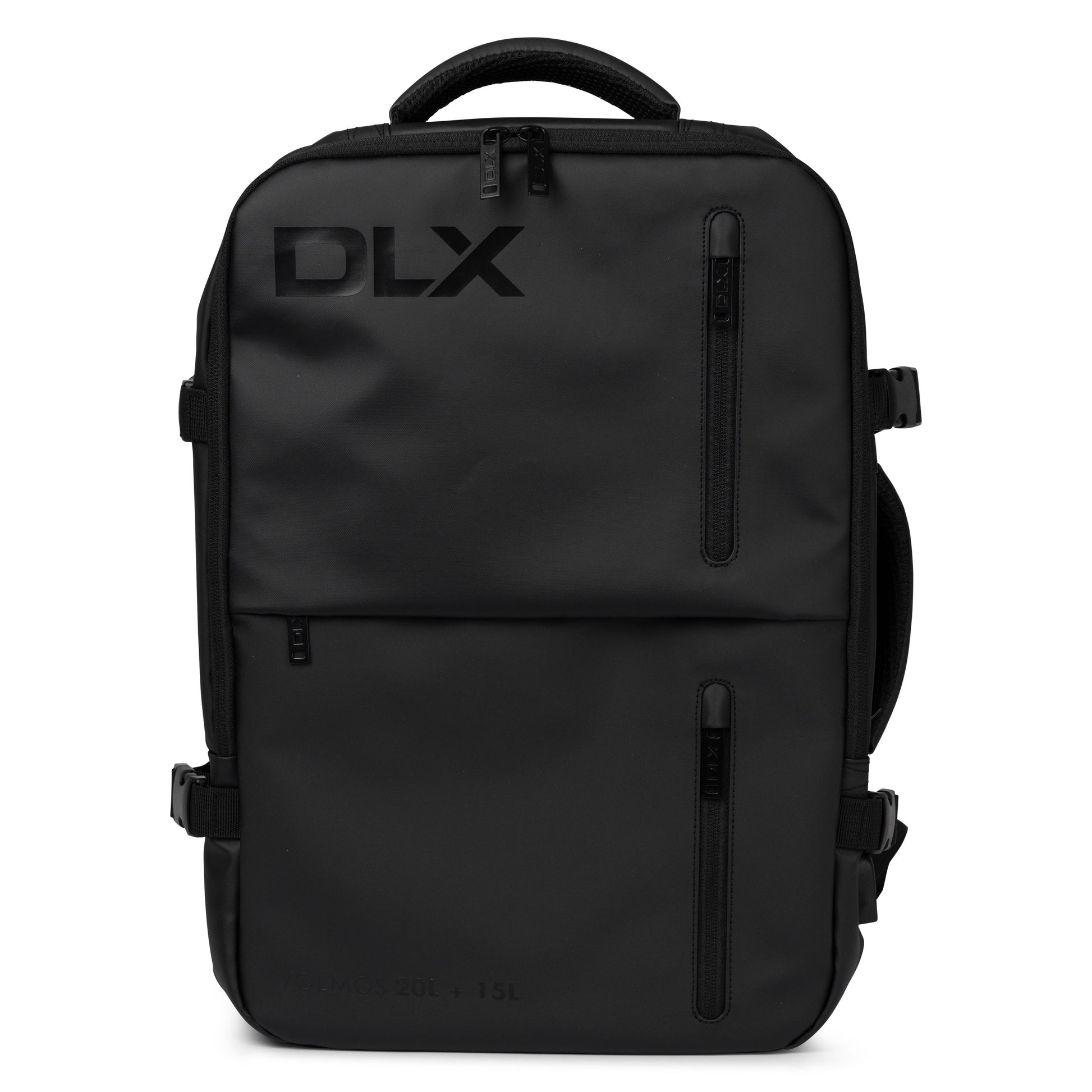 Black backpack with 'DLX' branding on a white background