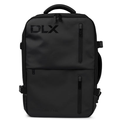 Black backpack with 'DLX' branding on a white background