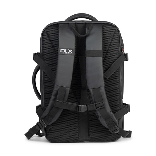 Black backpack with 'DLX' branding on a white background