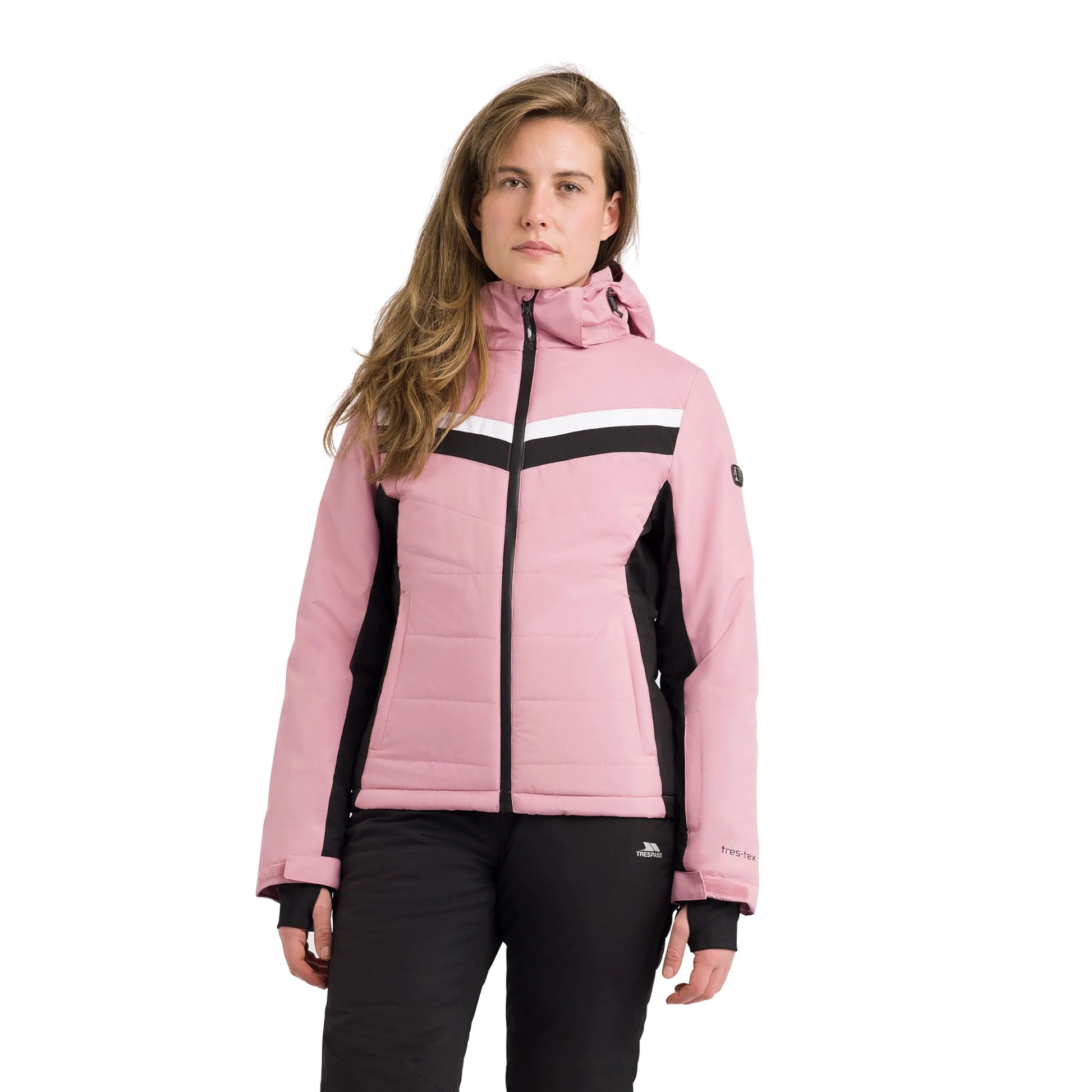 Woman wearing a pink and black ski jacket on a white background