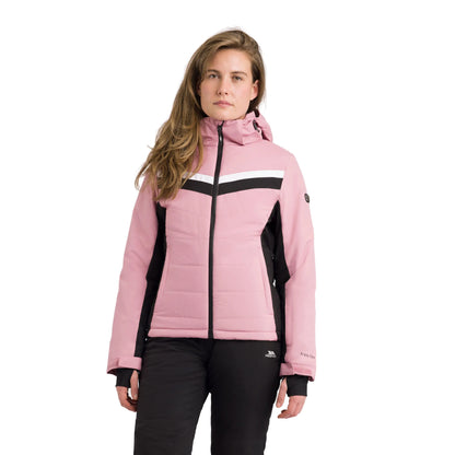 Woman wearing a pink and black ski jacket on a white background