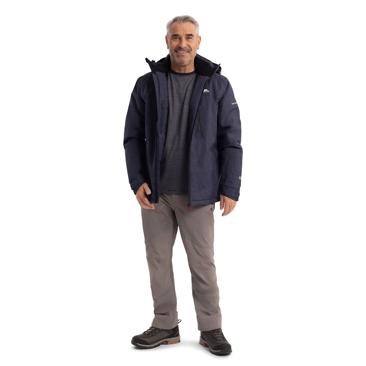 Man wearing the Fyfinn padded jacket in Navy Marl open, full length
