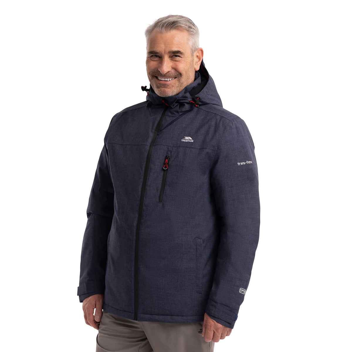 Man wearing the Fyfinn padded jacket in Navy Marl, three-quarter view