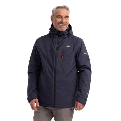 Man wearing the Fyfinn men's waterproof padded jacket in Navy Marl, front view