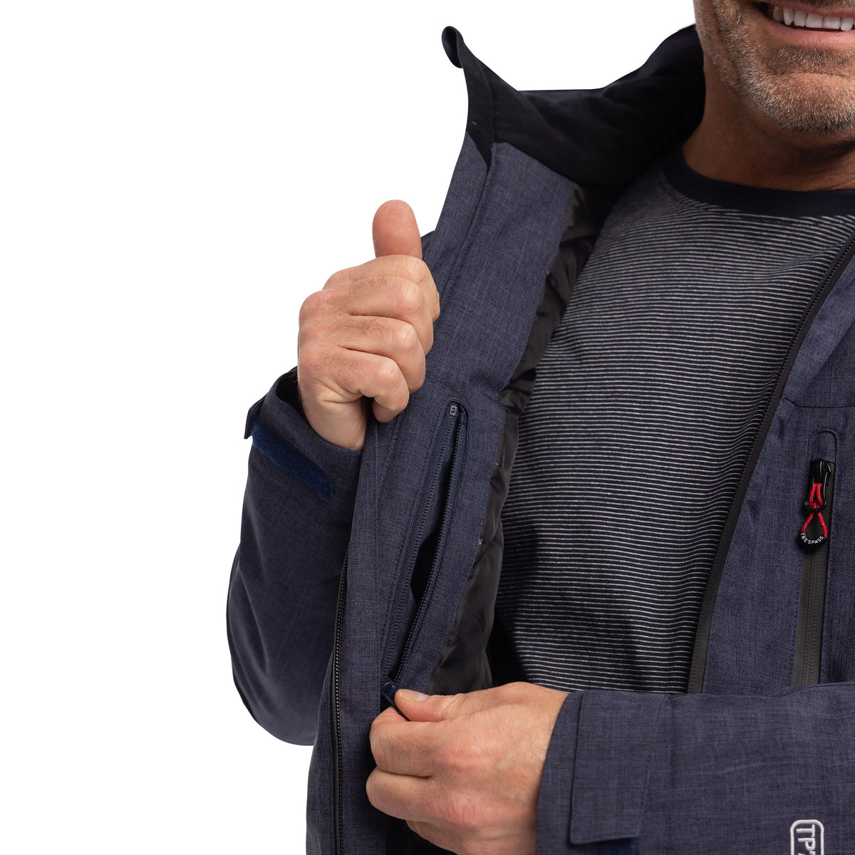 Fyfinn padded jacket in Navy Marl held open to show the inner pocket