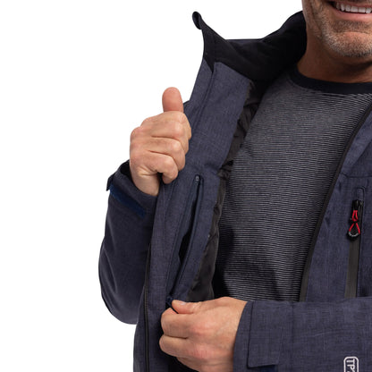 Fyfinn padded jacket in Navy Marl held open to show the inner pocket