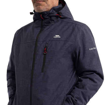 Close-up of the chest zip and pockets on the Fyfinn padded jacket in Navy Marl