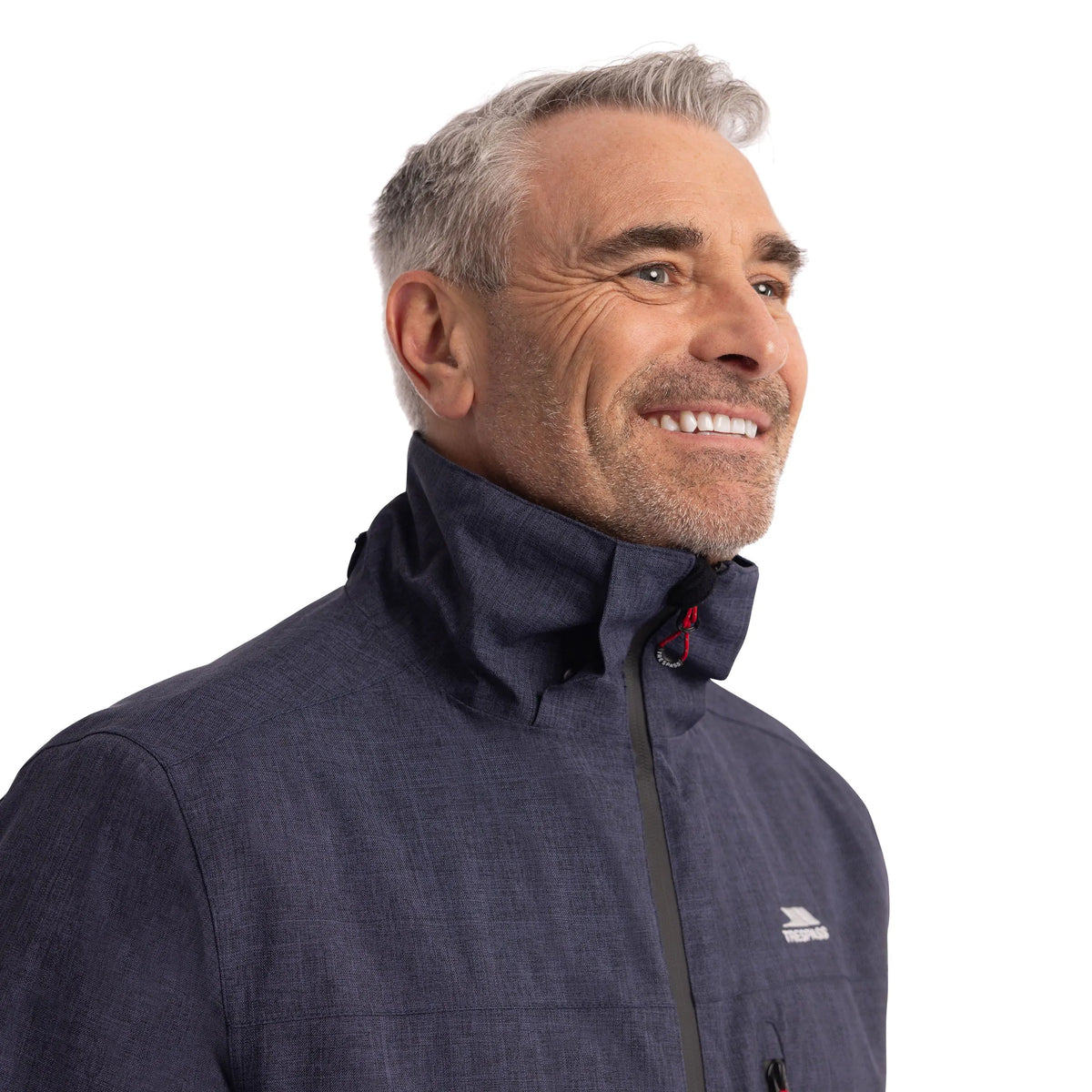 Close-up of the high collar on the Fyfinn padded jacket in Navy Marl