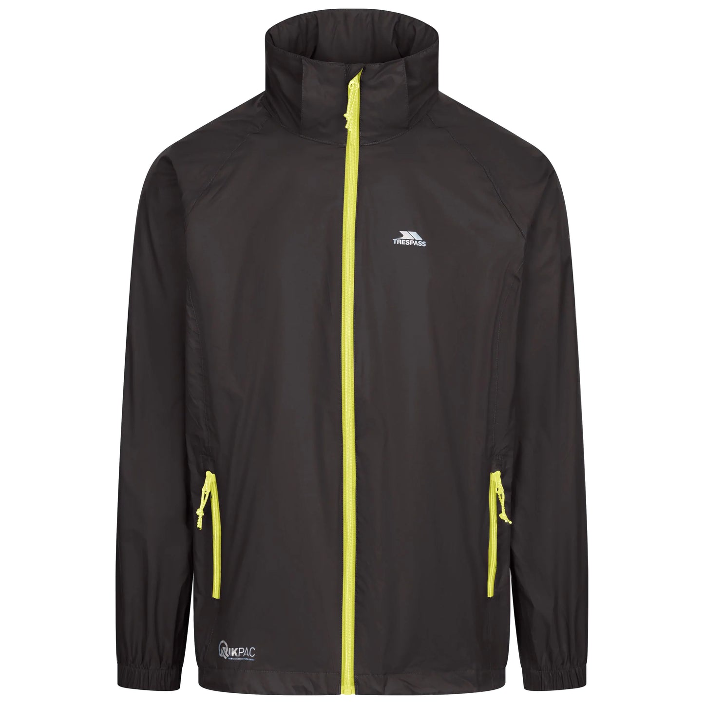 Black jacket with yellow zippers and accents on a white background