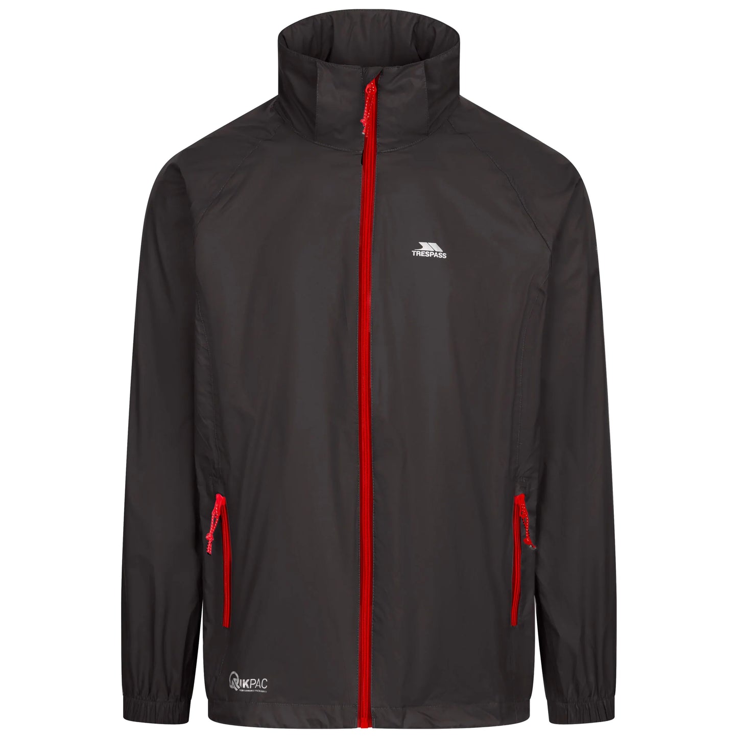Black trespass qikpac waterproof jacket with red zippers on a white background