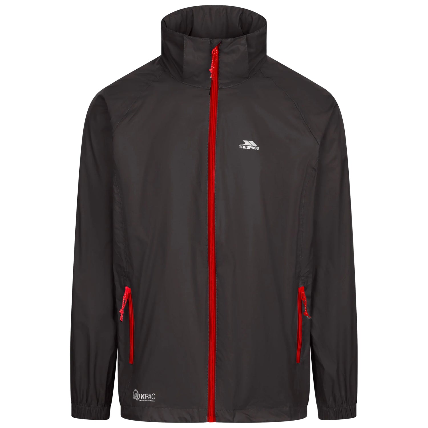 Black trespass qikpac waterproof jacket with red zippers on a white background