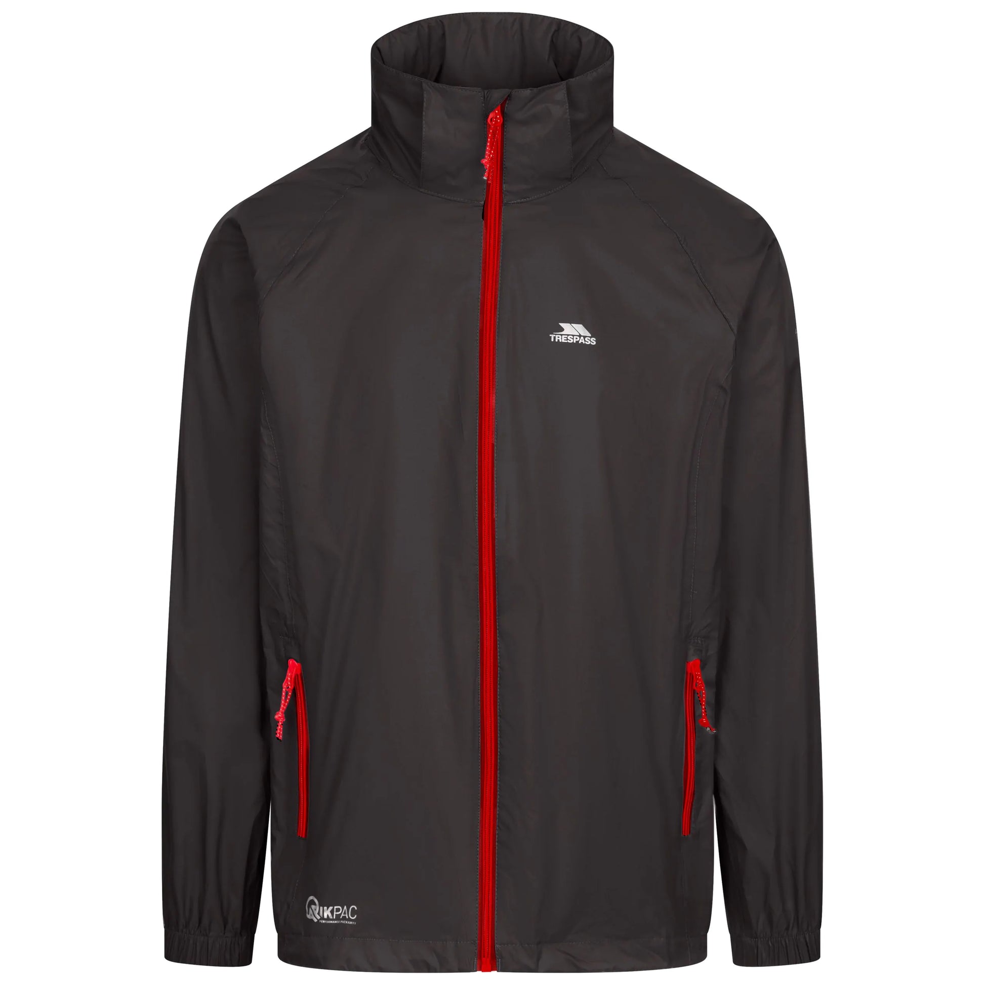 Black trespass qikpac waterproof jacket with red zippers on a white background