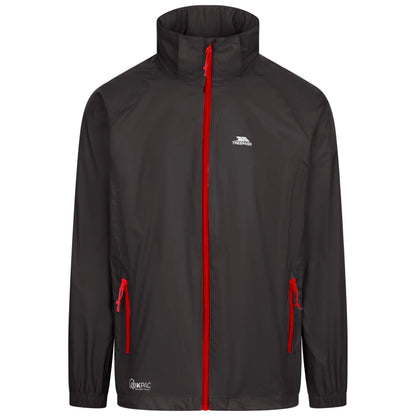 Black trespass qikpac waterproof jacket with red zippers on a white background