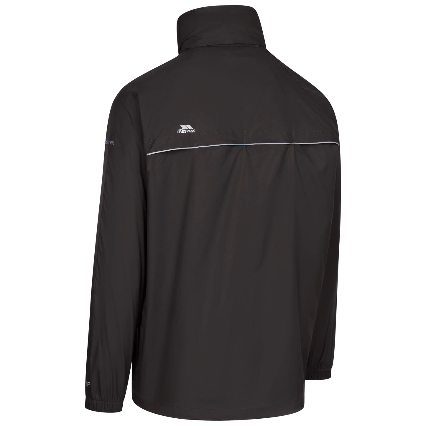 Black jacket with a Trespass brand logo on a white background