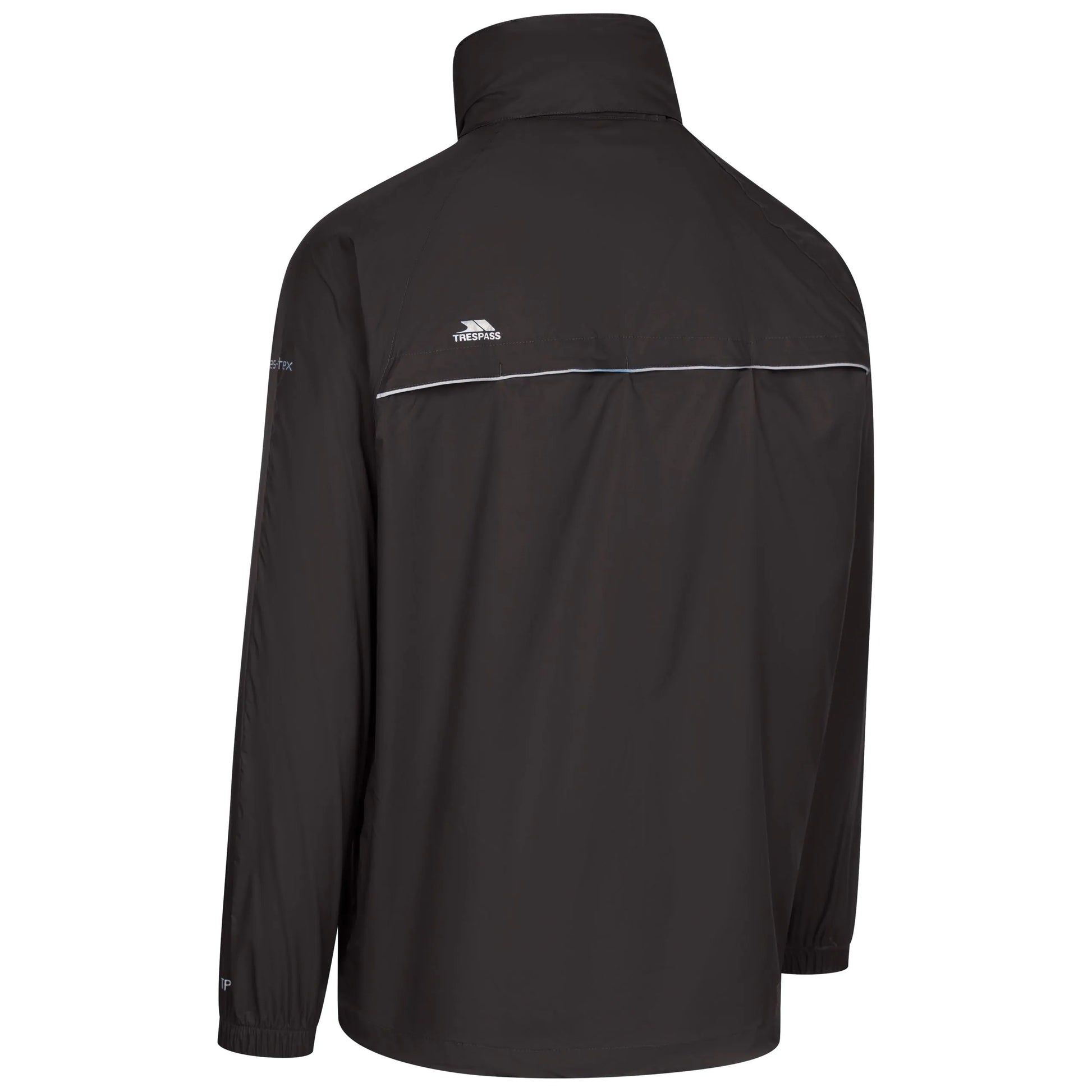 Black jacket with a Trespass brand logo on a white background