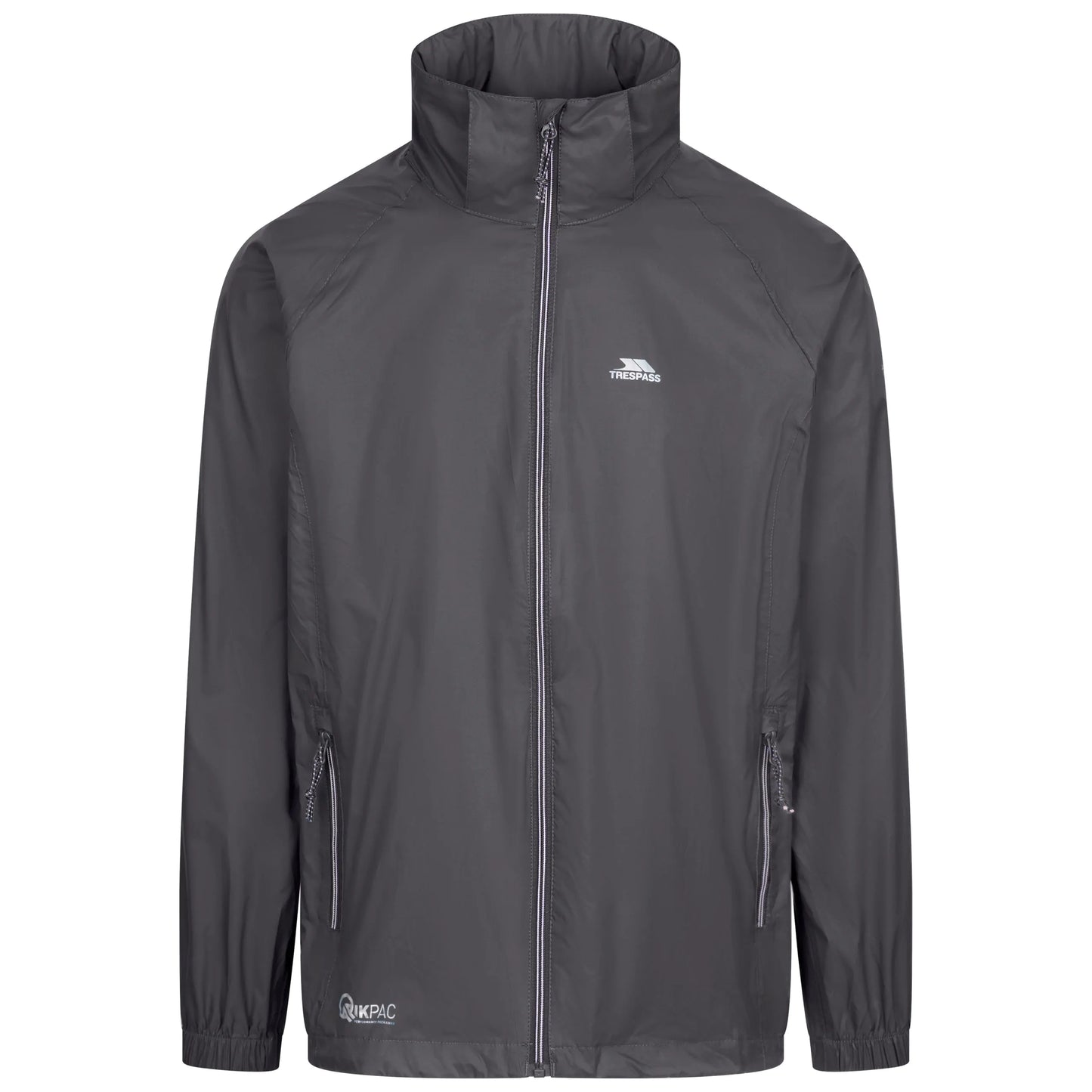 Flint grey rain jacket qikpac iwith a Trespass brand logo on a white background