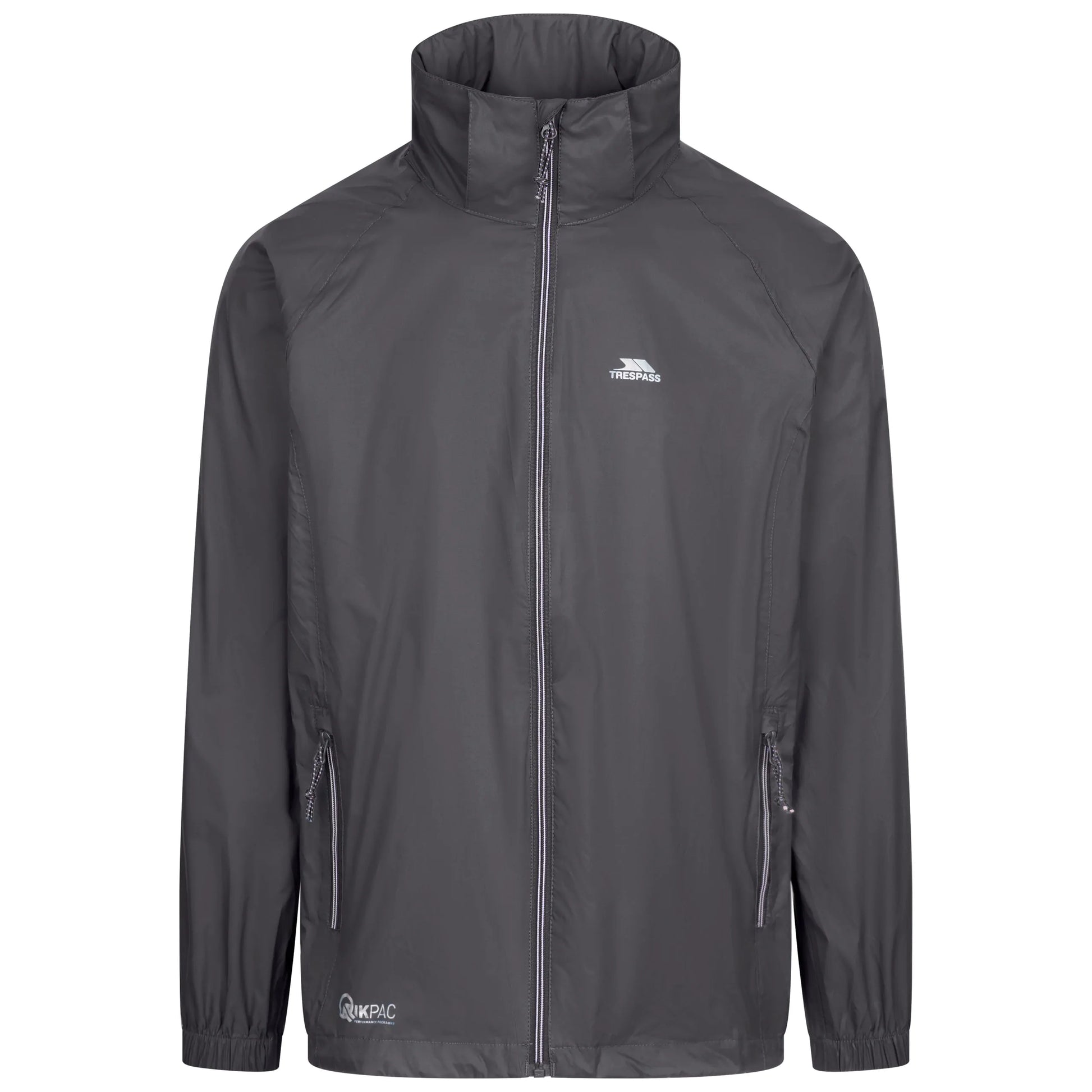 Flint grey rain jacket qikpac iwith a Trespass brand logo on a white background