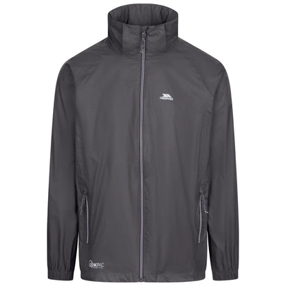 Flint grey rain jacket qikpac iwith a Trespass brand logo on a white background
