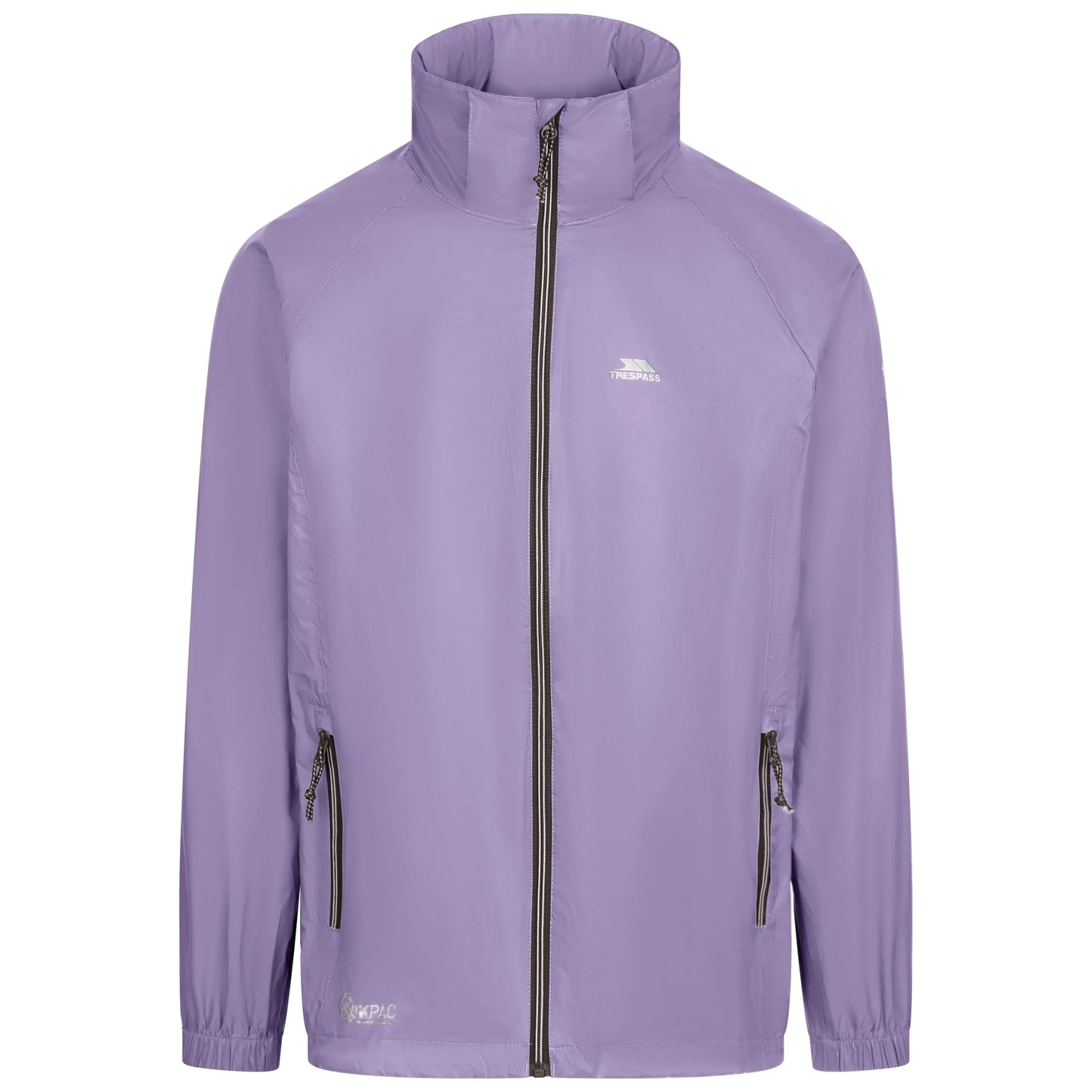 Purple Qikpac jacket with a Trespass brand logo on a white background