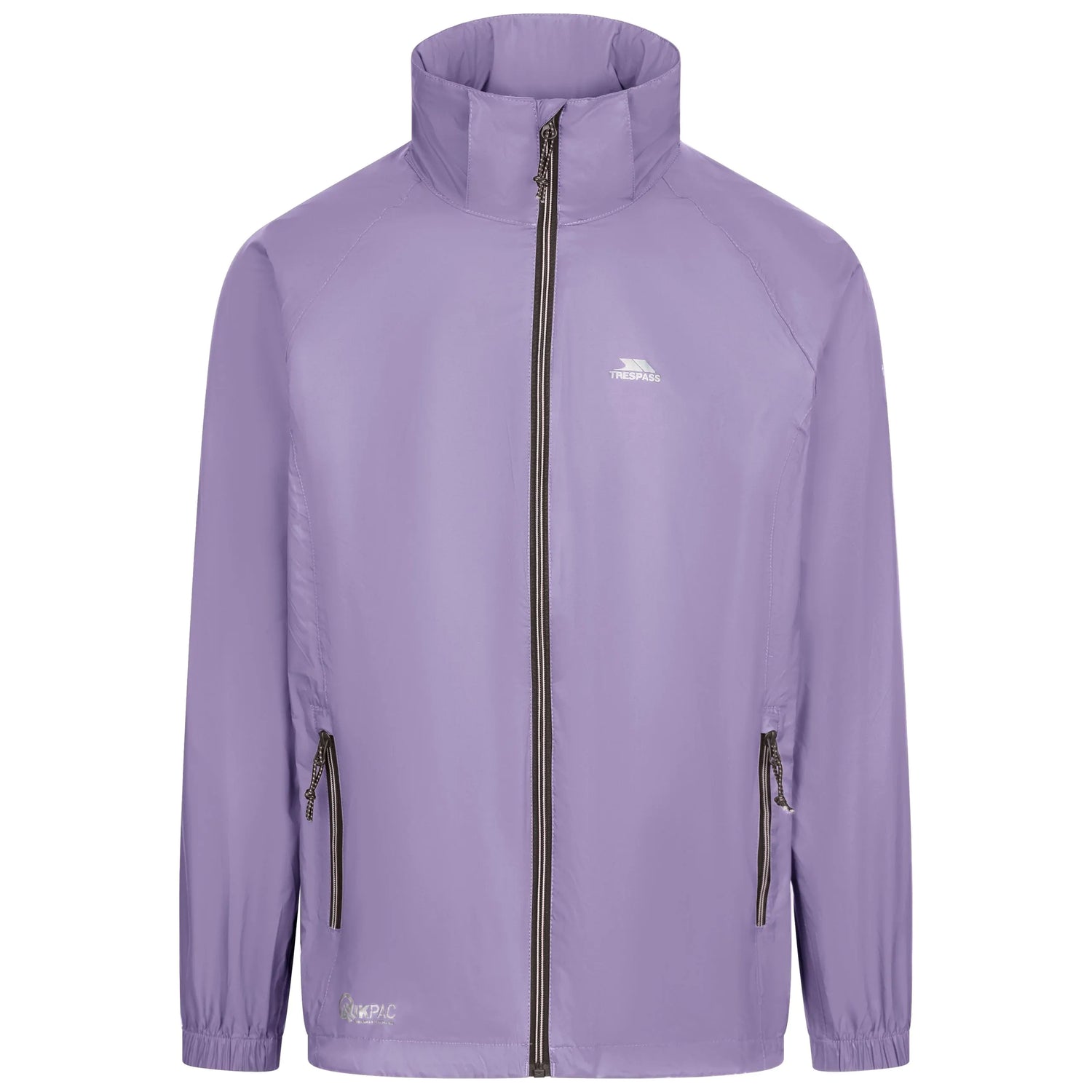 Purple Qikpac jacket with a Trespass brand logo on a white background