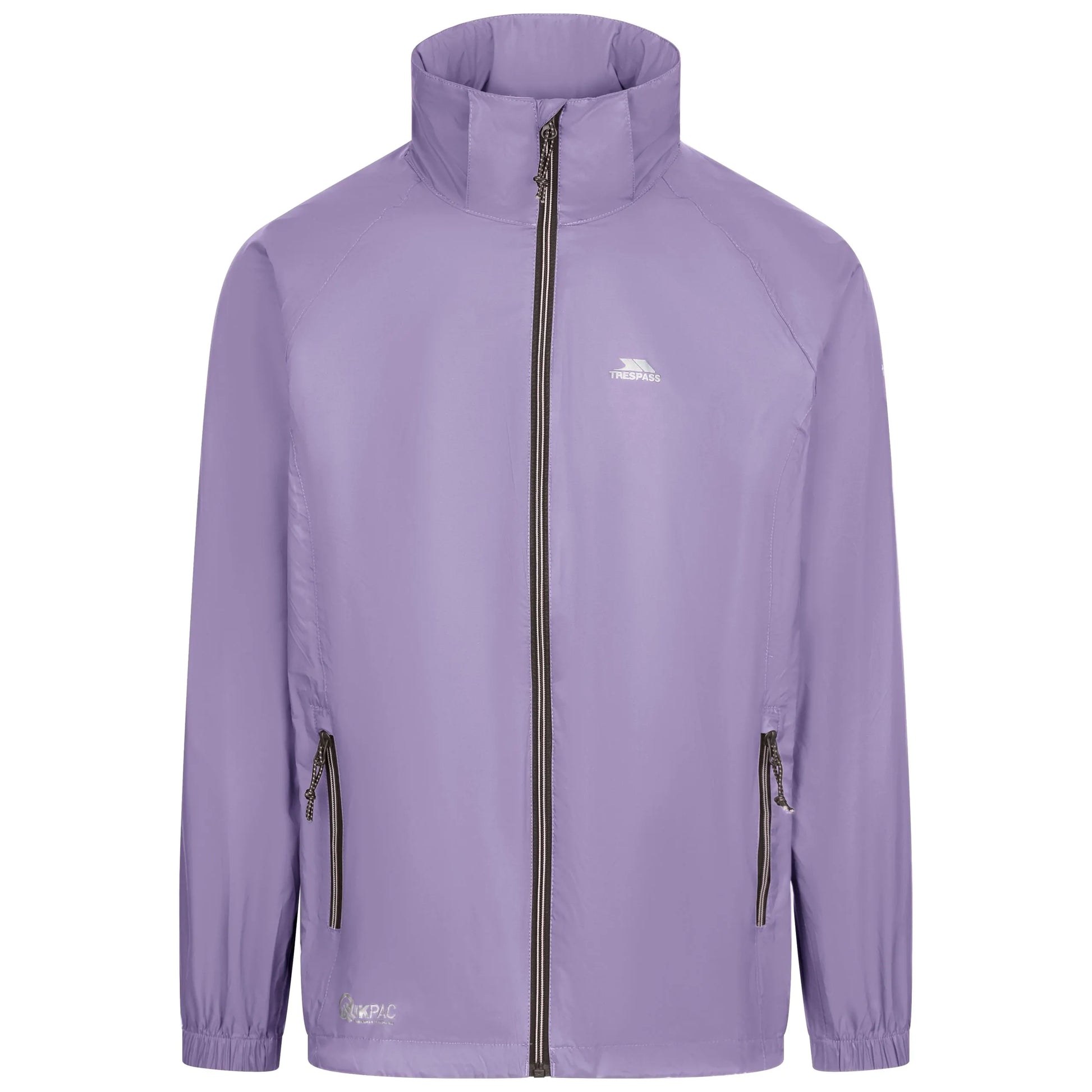 Purple Qikpac jacket with a Trespass brand logo on a white background